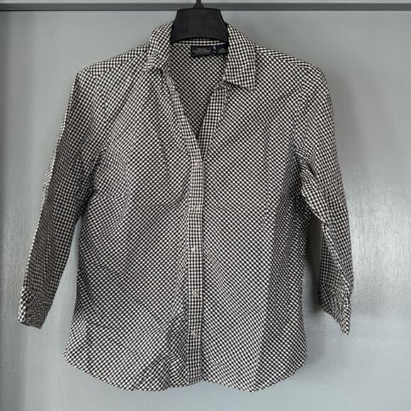 Sonoma Women's Black White Bias Check Snap Button Top 3/4 Sleeves V Neck sz M - Picture 1 of 5